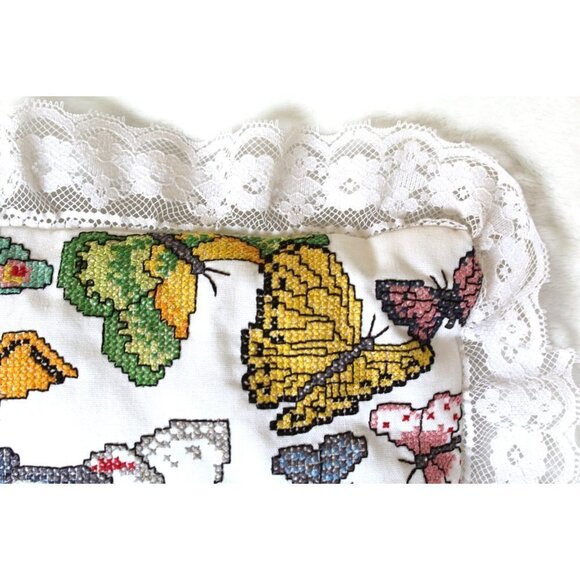 Handmade Butterflies Needlepoint Pillow cross stitch Multicolor Lace edges - Picture 5 of 12